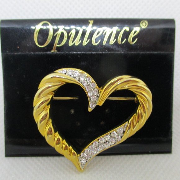 Opulence Crystal Rhinestone Brooch Crystal Ribbed Open Heart Gold Tone Metal Pin - Picture 1 of 11